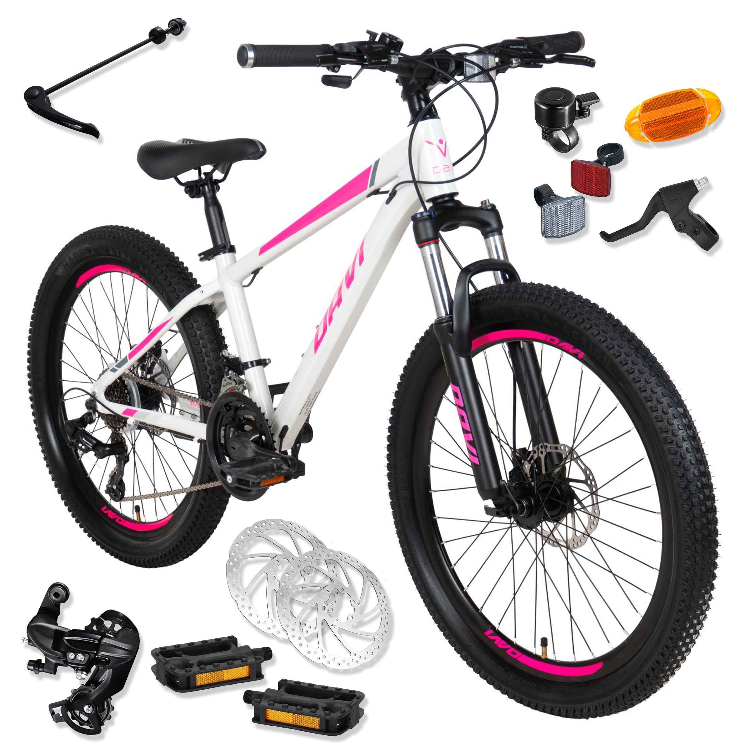 Bicicleta 9-12 ani, 24 inch, shimano mtb, cadru ușor 11", aluminiu, amortizare, 130-160 cm, 21 viteze, alb/roz Davi Bella