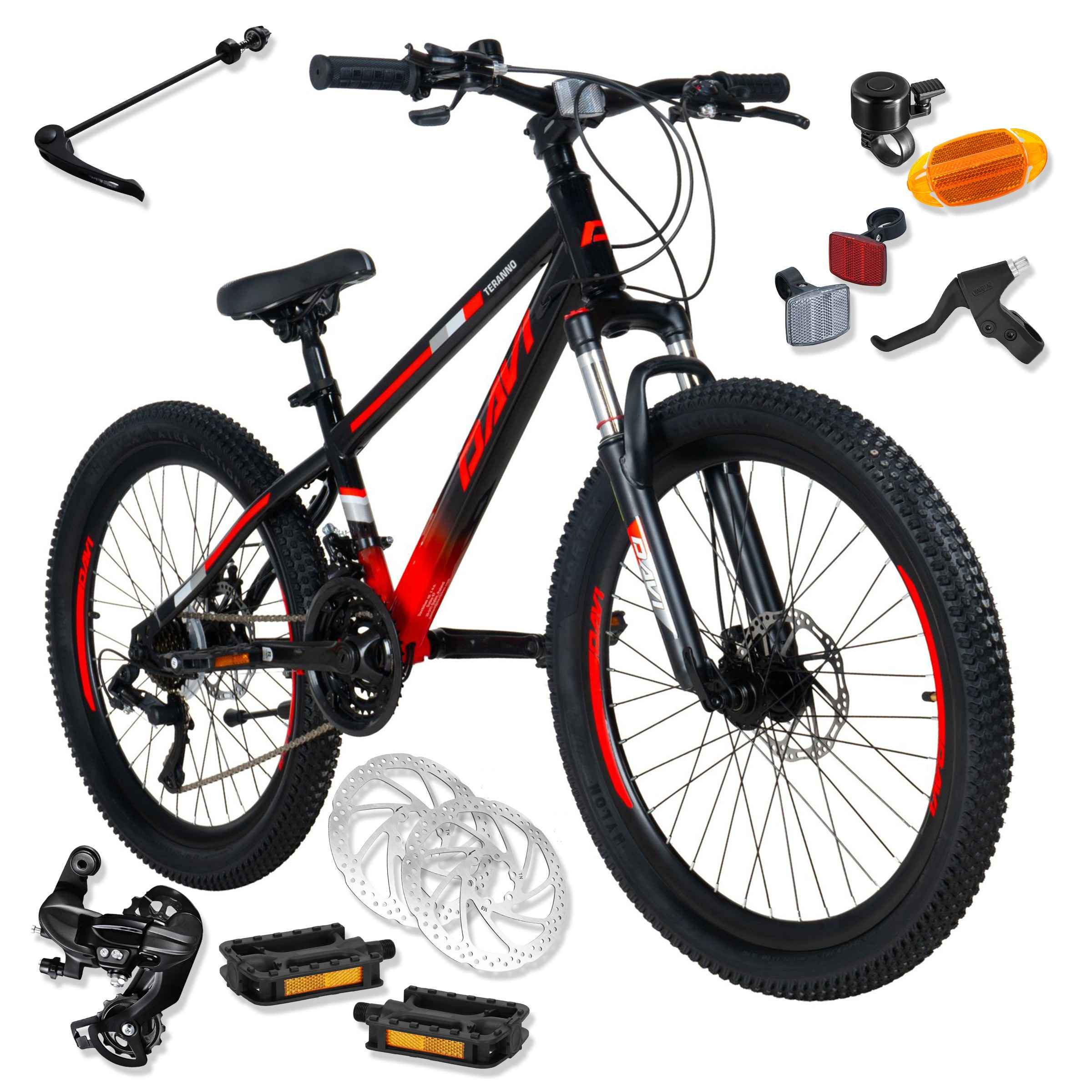 Drengecykel Davi Terrano 24′′, 130-160 cm, 21 gear, Rød/Sort