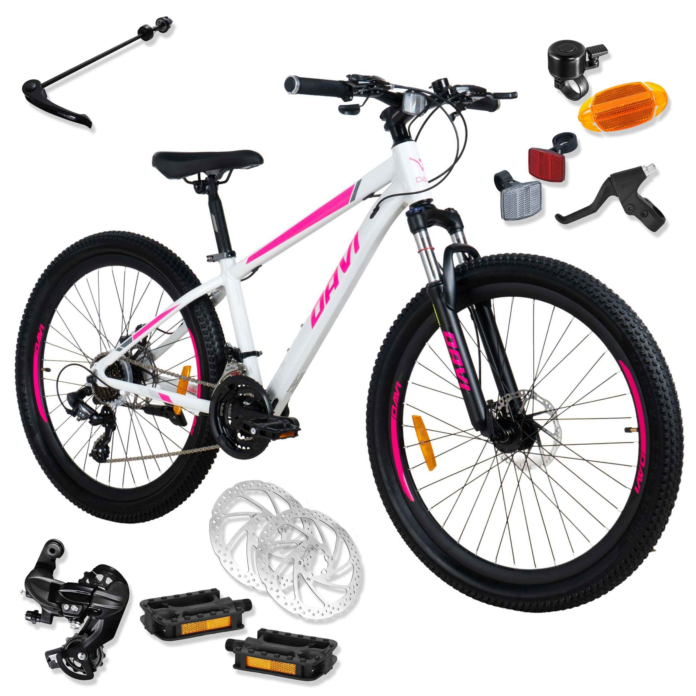 MTB karekpar 26", shimano, könnyű 13"-os váz, 145-170 cm, 21 sebesség, alumínium, rugózás, rózsaszín/fehér, Davii Bella