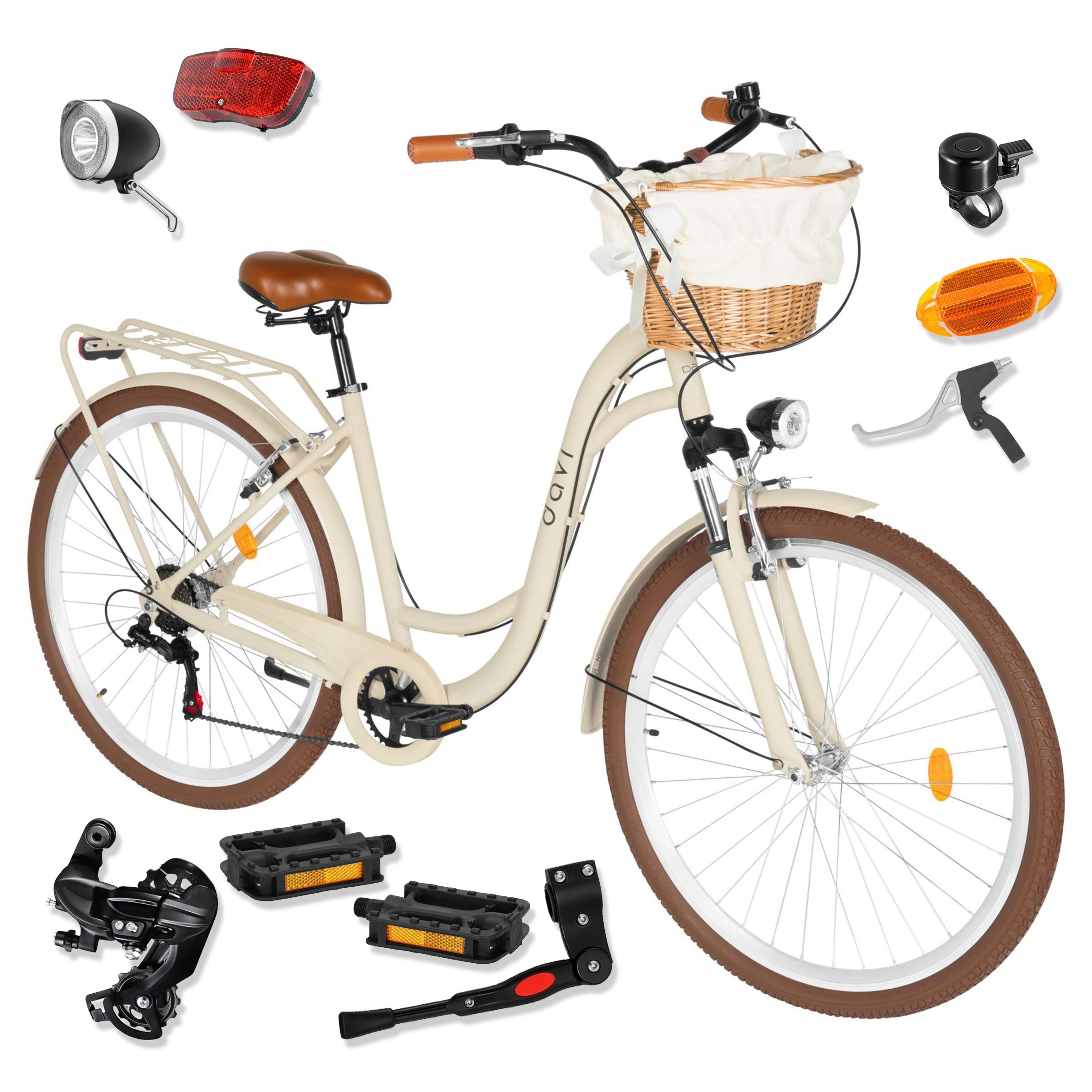 Bicicletă dama ușoară 26 inch, Davi Emma, 7 viteze, 155-180 cm , shimano, cu coș, maro cafeniu