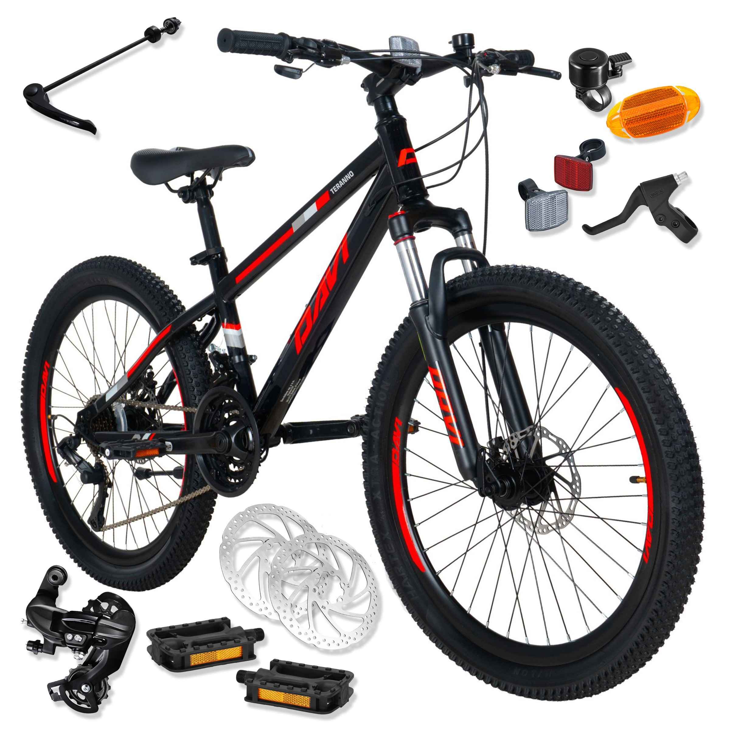 Mountainbike 24", 9–12 år, solid ramme 11", 130-160 cm, 21 gear, affjedring, sort/rød, Davi Terrano