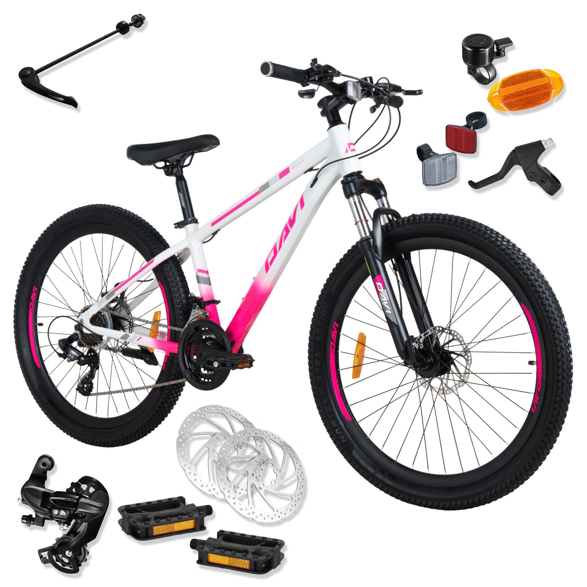 MTB karekpar 26", shimano, könnyű 13"-os váz, 145-170 cm, 21 sebesség, alumínium, rugózás, fehér/rózsaszín, Davii Bella