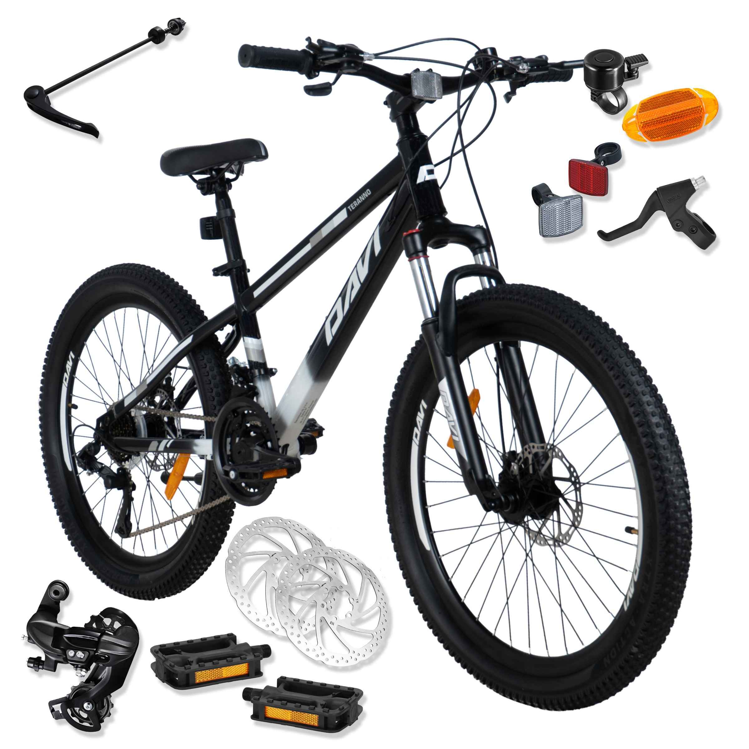 Drengecykel Davi Terrano 24", 130-160 cm, 21 gear, Sort/Hvid