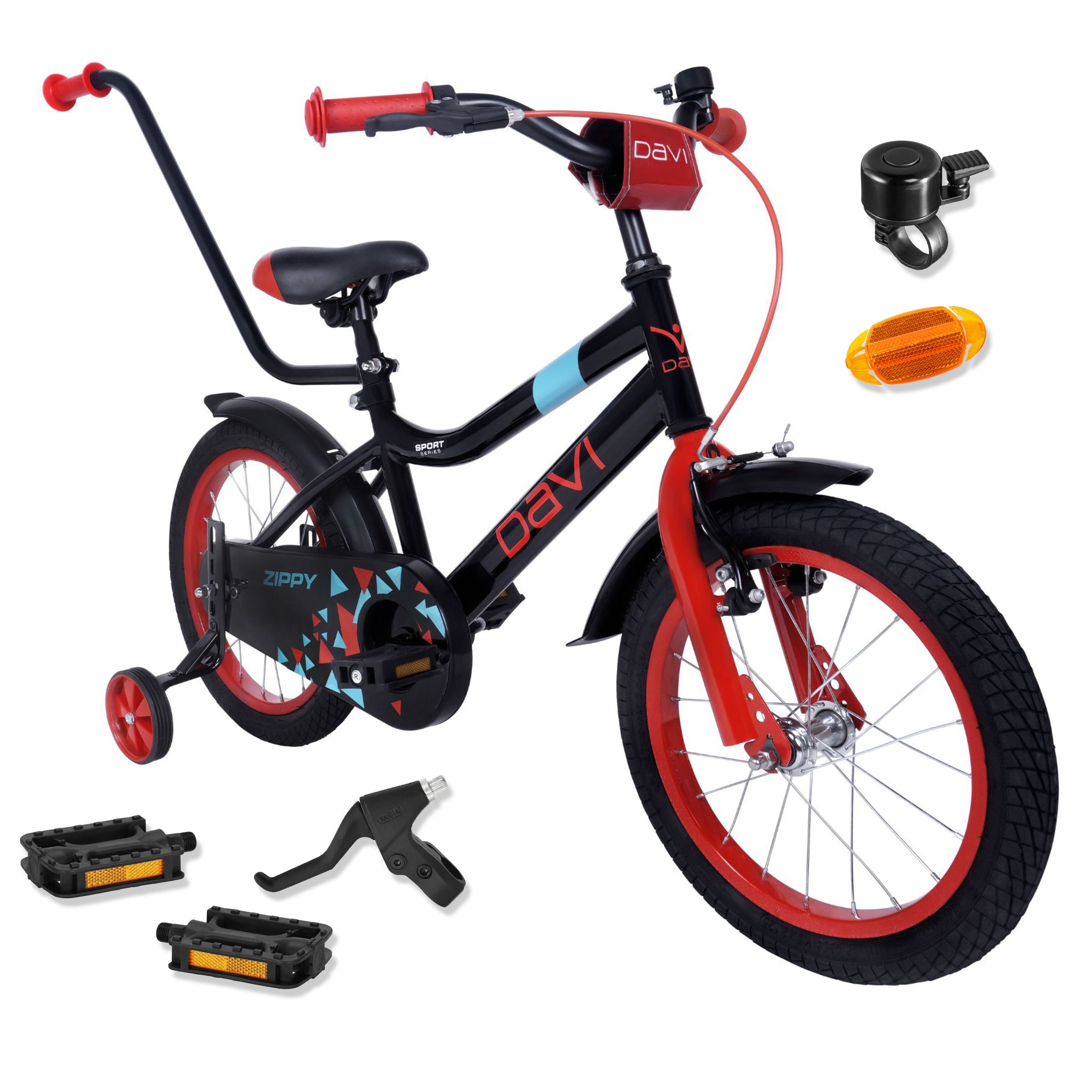 Lasten polkupyörä Davi Zippy 16", 95-110 cm, 1 vaihde, Musta