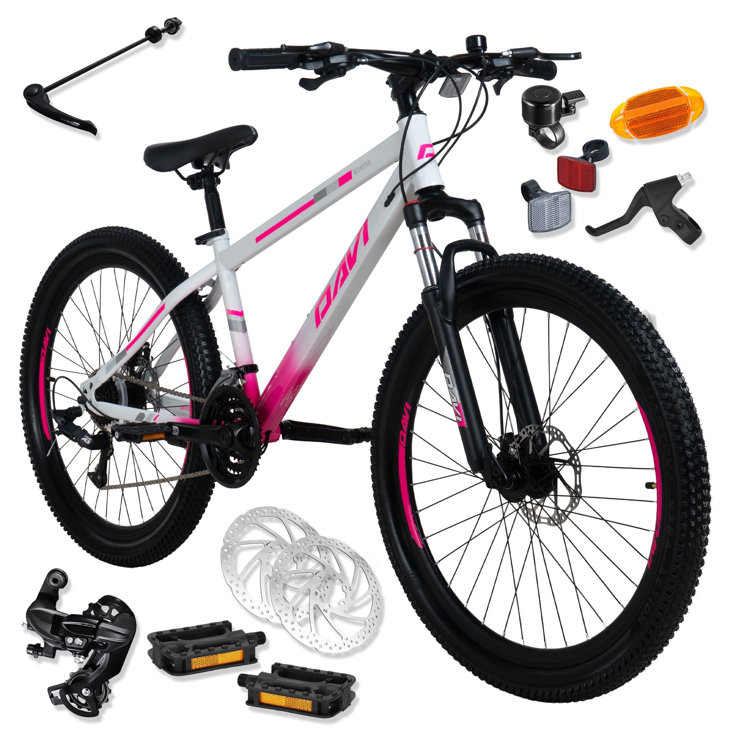 Bicicleta MTB 26 inch, cadru solid 13", 145-170 cm, 21 viteze, amortizare, roz/alb, Davi Bonita