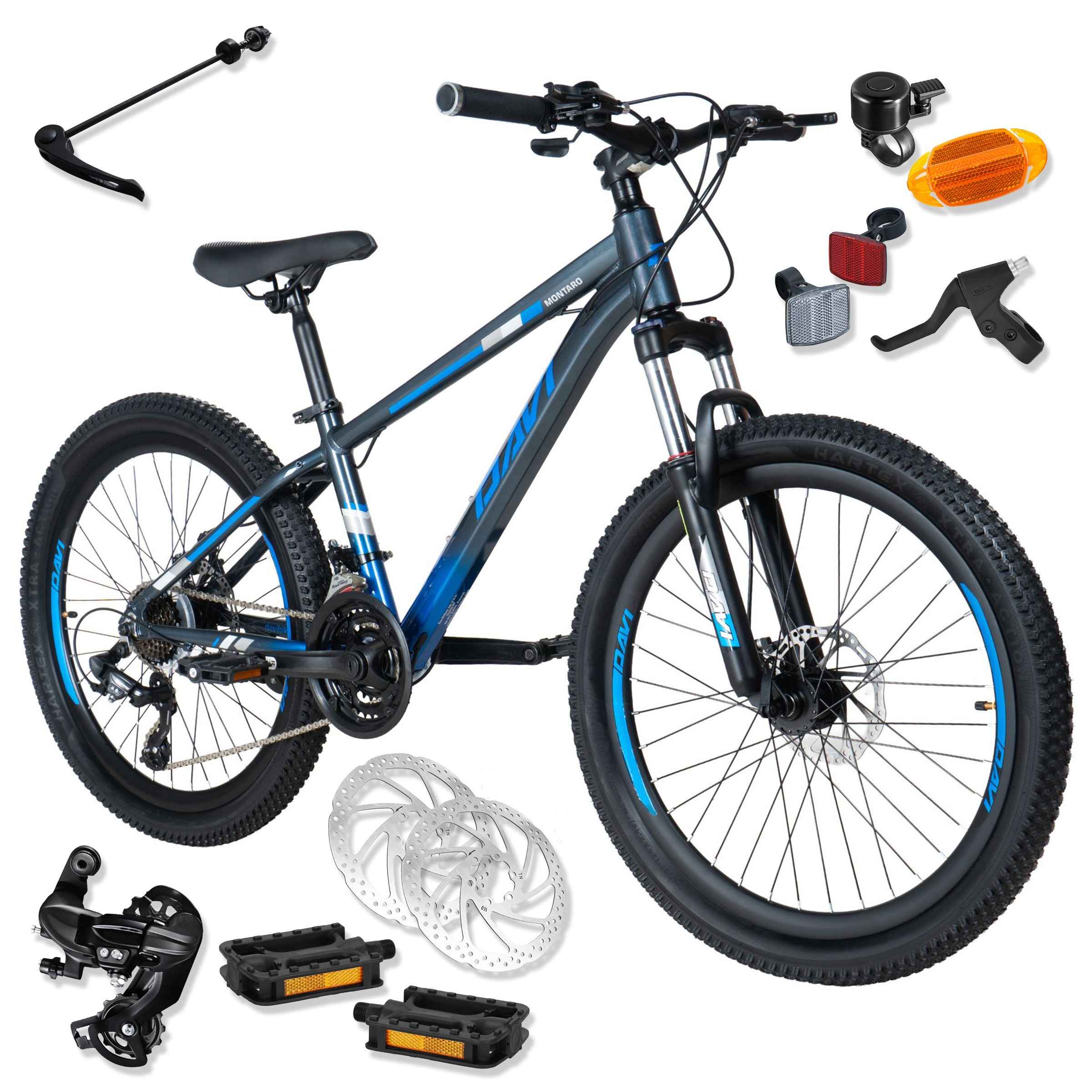 Bicicleta copii Davi Montaro Aluminiu, 24", 130-160 cm, 21 viteze, Gri/Albastru